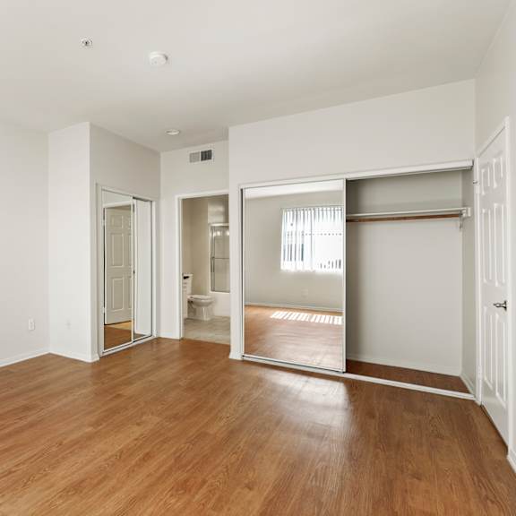 bedroom with two mirrored closets and vinyl flooring