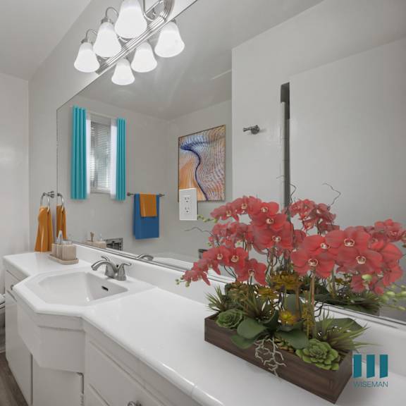 a bathroom with a white sink and a large mirror.