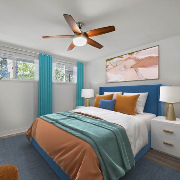 a bedroom with a bed, a ceiling fan, and a painting on the wall.