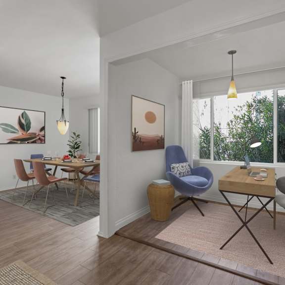 spacious floor plan with office area and dining room with vinyl flooring and large-size windows