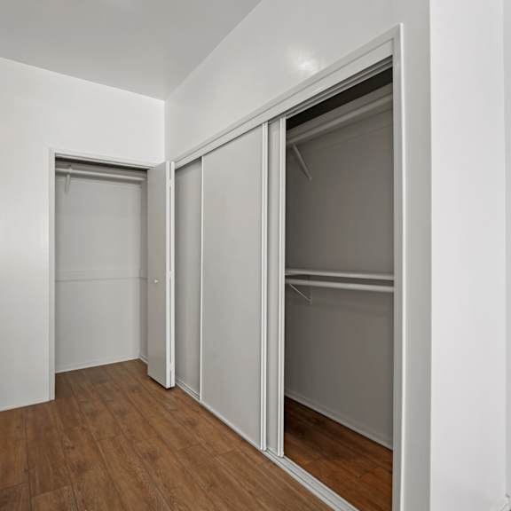 a bedroom with two closets and a hardwood floor