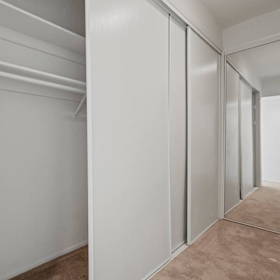 bedroom with large-size closet with shelving and hanging rod