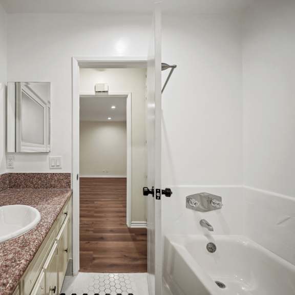 a bathroom with a sink and a shower and a bath tub