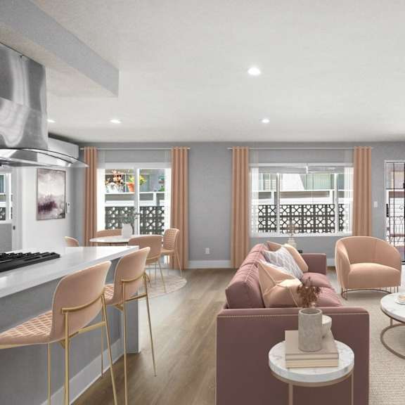 open-concept kitchen, dining, and living room with large-size windows