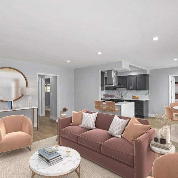 open-concept kitchen, dining, and living room with recessed lighting and vinyl flooring