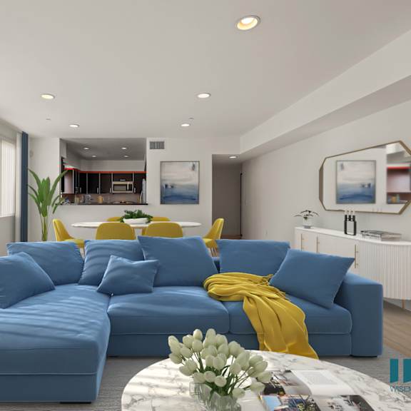 living room, dining, and kitchen with large-size windows