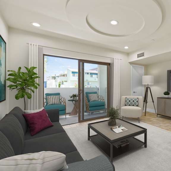 large-size living room with recessed lighting, vinyl flooring, and patio