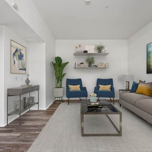 large-size living room with hall bathroom