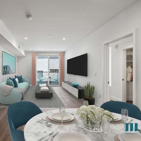 open-concept dining and living room with patio