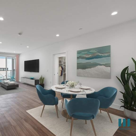 dining and living room with patio