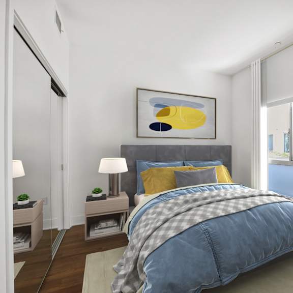 bedroom with mirrored closet, vinyl flooring, and recessed lighting