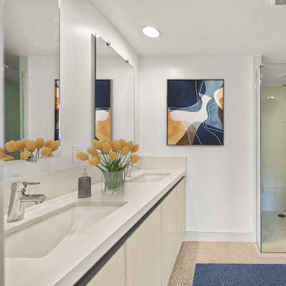 bathroom with walk-in shower, double-sink vanity, and cabinet storage