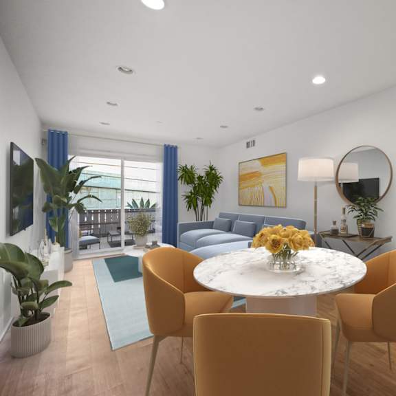 open-concept dining and living room with patio, recessed lighting, and vinyl flooring
