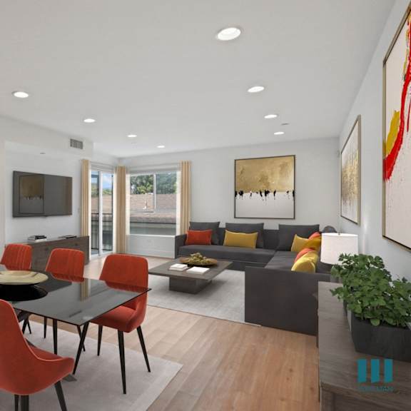 open-concept dining and living room with patio