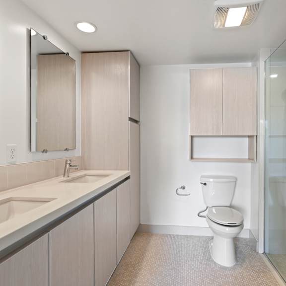 master bathroom with double-sink vanity and large-size walk-in shower