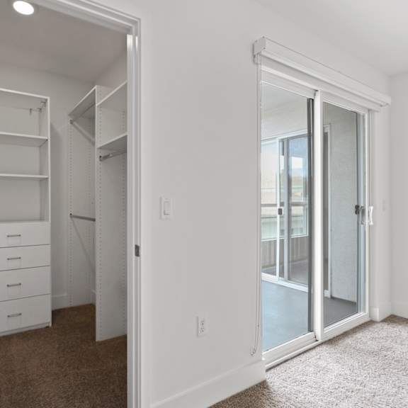 bedroom with walk-in closet with built-in organizers and patio