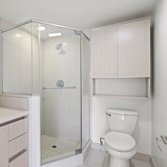 bathroom with a stand-up shower and extra cabinet storage