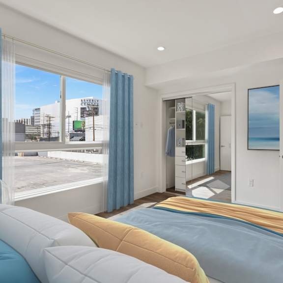 bedroom with large windows,  recessed lighting, and vinyl flooring