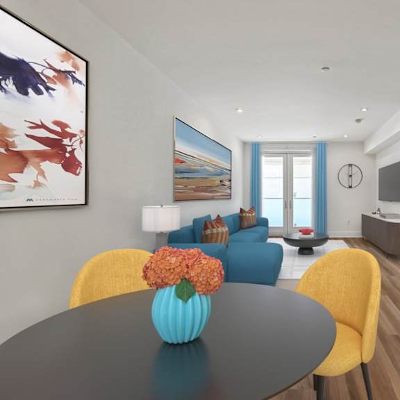 open-concept dining and living room with patio