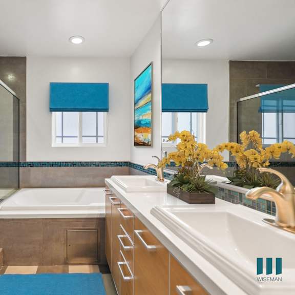 large-size bathroom with walk-in shower, bathtub, and double-sink vanity