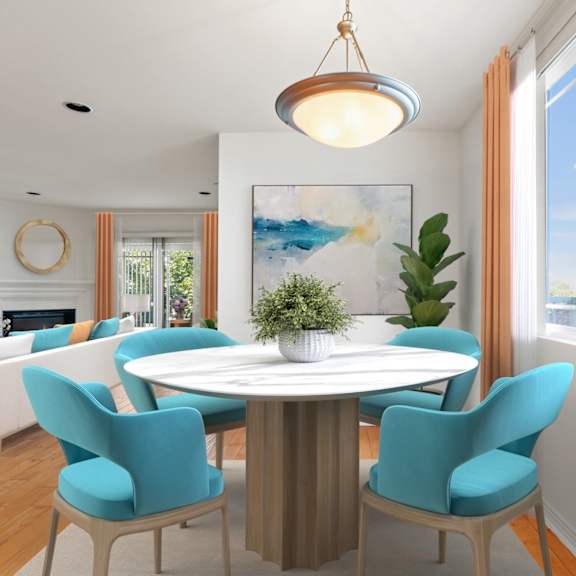 open-concept dinign and living room space with vinyl flooring and natural lighting