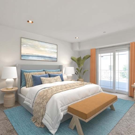 large-size bedroom with recessed lighting, carpet, and balcony