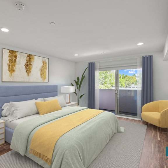 bedroom with balcony, recessed lighting, and vinyl flooring