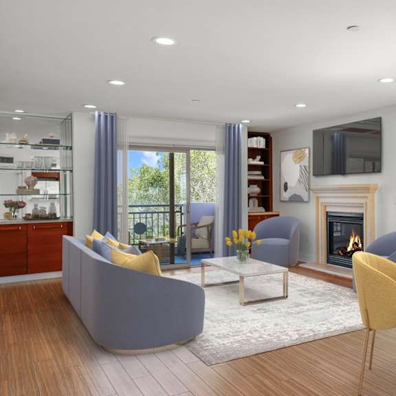 open-concept kitchen, dining, and living room space with patio and built-in shelving