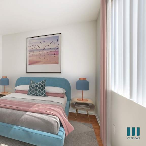 bedroom with vinyl flooring and large-size windows