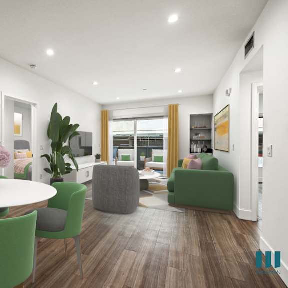dining and living room with vinyl flooring and recessed lighting