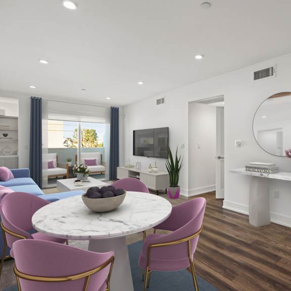 open-concept dining, living room, and patio
