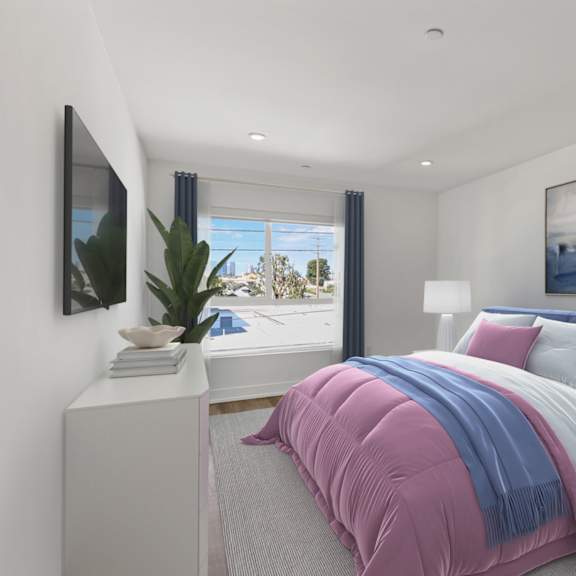 spacious bedroom with large-size windows, vinyl flooring, and recessed lighting