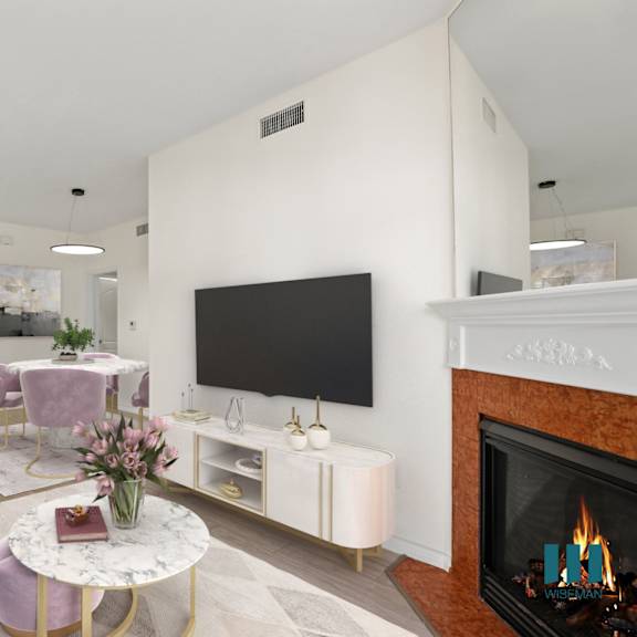 kitchen, dining, and living room with electric fireplace