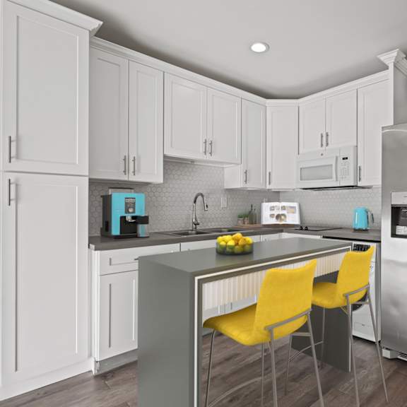 open-conept kitchen with stainless-steel appliances