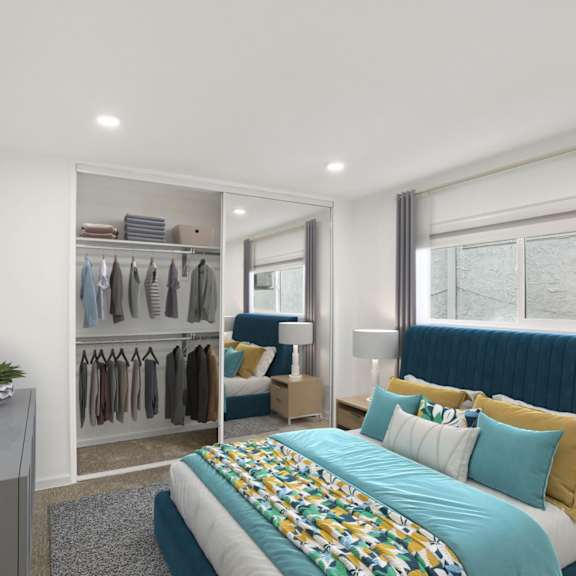 spacious bedroom with vinyl flooring and mirrored closet