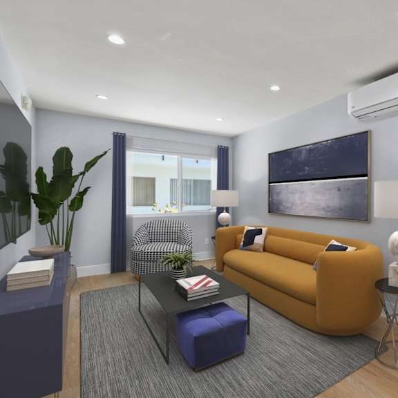 living room with vinyl flooring and recessed lighting