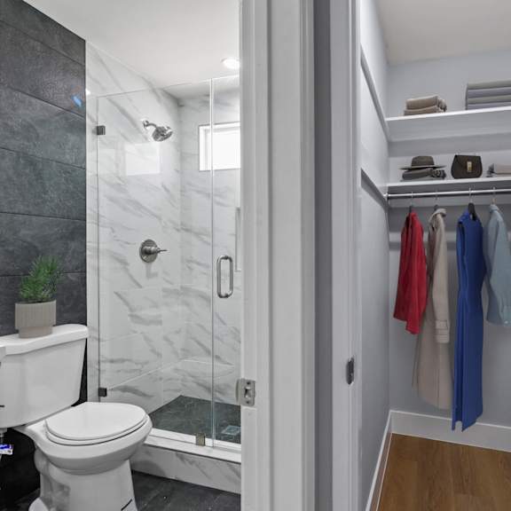 bathroom with walk-in shower and walk-in closet with shelving