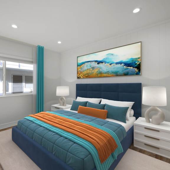 a bedroom with a large bed and a painting on the wall.