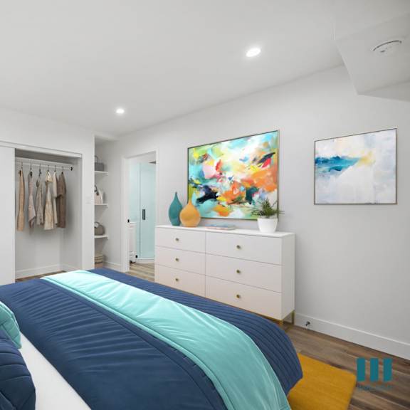 a bedroom with a large bed and a painting on the wall.