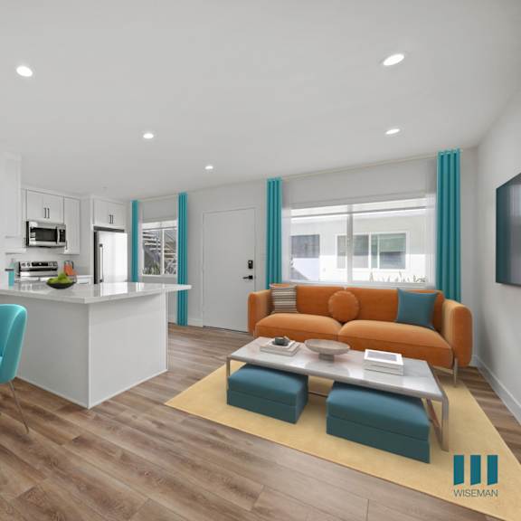 a modern living room with a dining table and chairs.