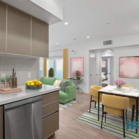 kitchen, dining, and living room space