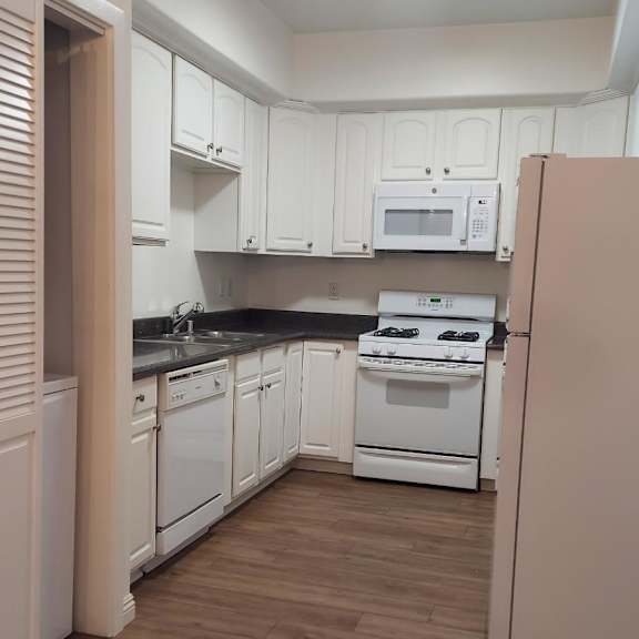full-size kitchen with ample cabinet storage and vinyl flooring