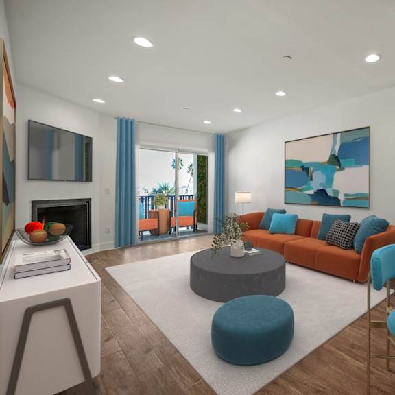 large-size living room with fireplace, vinyl flooring, and patio