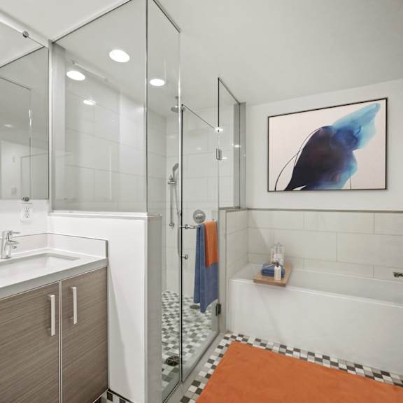 bathroom with a walk-in shower, full-size bathtub, and double-sink vanity with cabinet storage