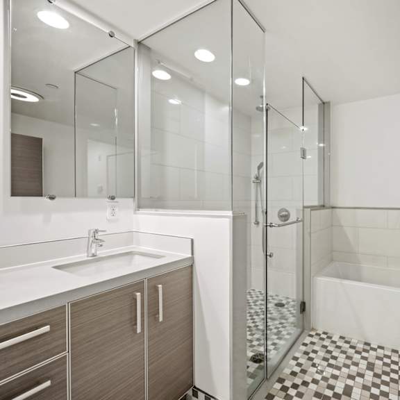 a modern bathroom with a walk-in shower and a sink.