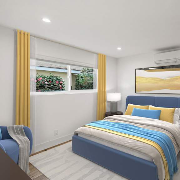 bedroom with vinyl flooring, recessed lighting, and large-size window