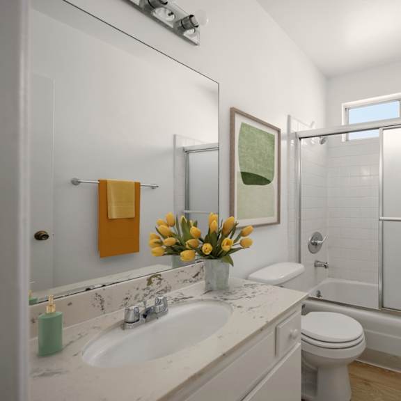 bathroom with shower bath and vanity cabinet storage