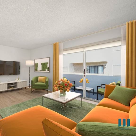 living room with vinyl flooring and a patio