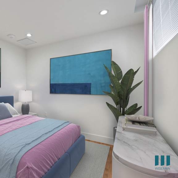 studio bedroom with vinyl flooring, recessed lighting, and windows