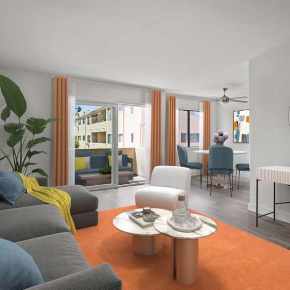 open-concept living and dining room with patio